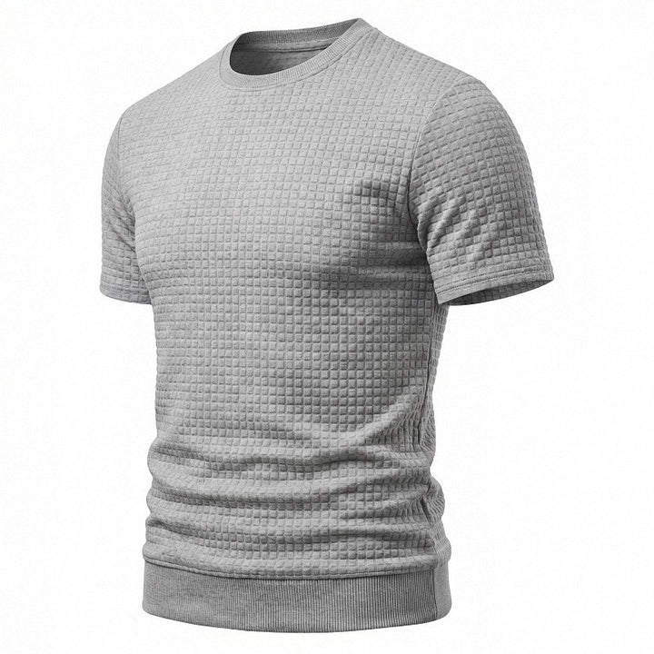 Herren nan kurzärmeliges Strickshirt mit geprägter Karostruktur, Rundhalsausschnitt und geripptem Saum Drune