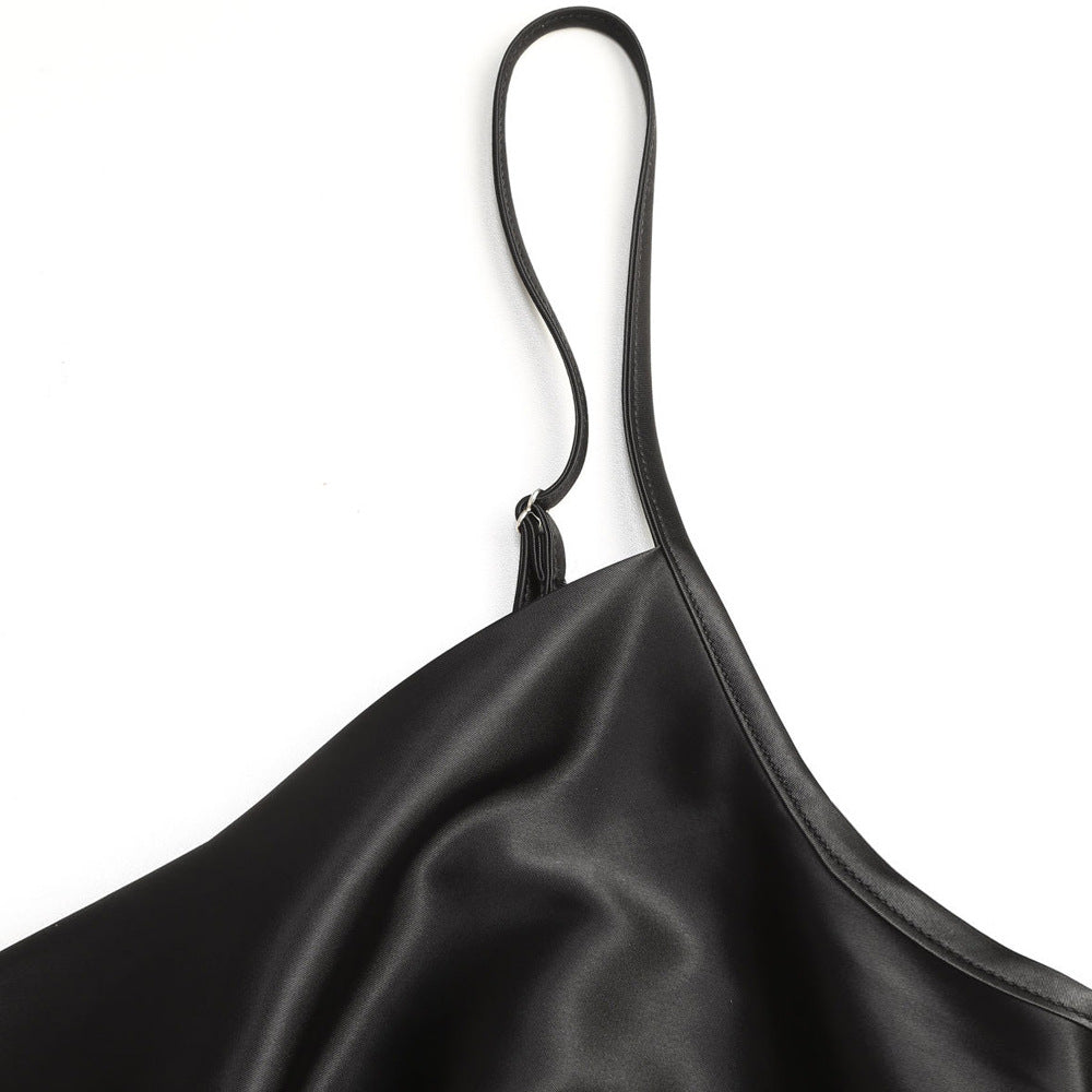 Damen elegantes Satin-Kleid mit verstellbaren Trägern und Taillenband Drune