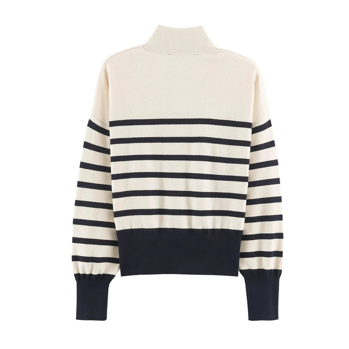Damen Gestreifter Halbzip-Pullover mit Stehkragen und weitem Saum Drune