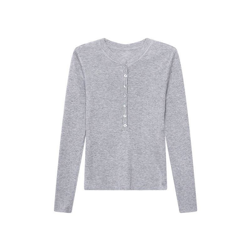 Damen Langarm-Henley-Shirt aus feinem Rippmaterial mit Knopfleiste Drune