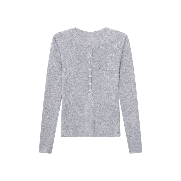 Damen Langarm-Henley-Shirt aus feinem Rippmaterial mit Knopfleiste Drune