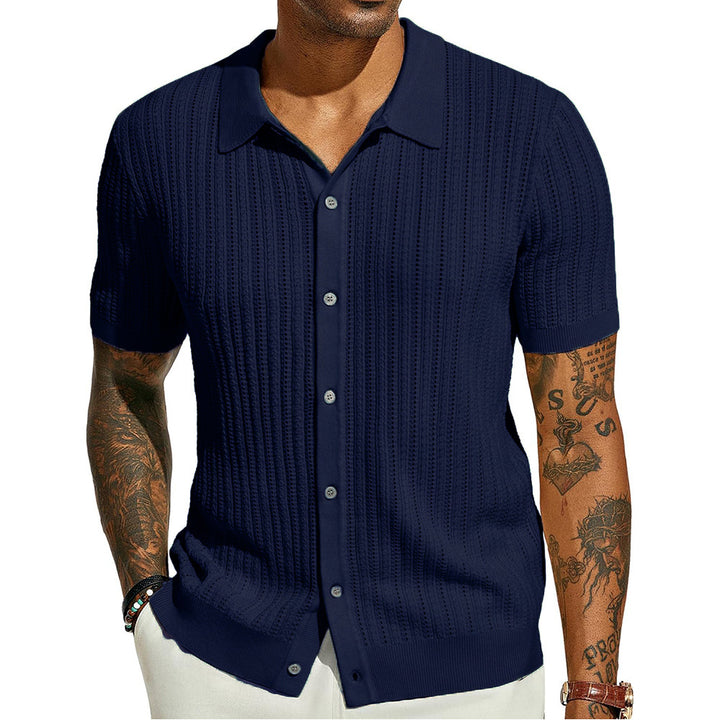 Herren Kurzarm Strickhemd mit feiner Lochstruktur und klassischem Kragen Drune