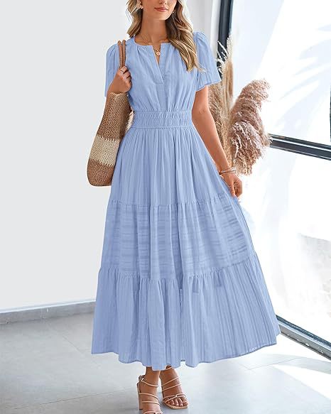 Damen langes Sommerkleid mit elastischem Taillenbund und raffiniertem Faltenwurf Drune