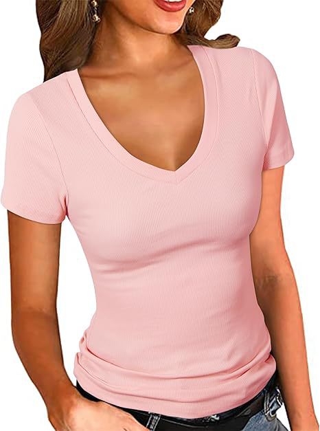 Damen V-Ausschnitt T-Shirt mit strukturierter Oberfläche Drune