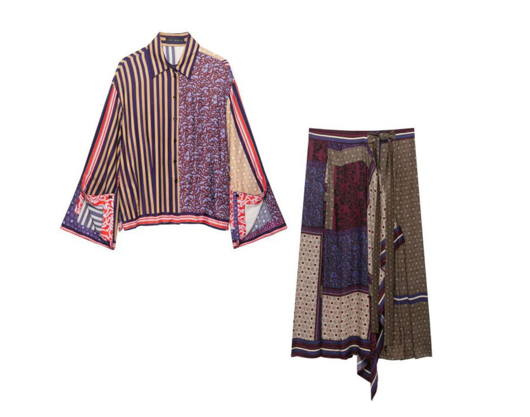 Damen Gemusterte Patchwork‑Bluse mit weitem Glockenärmel und Hemdkragen Drune