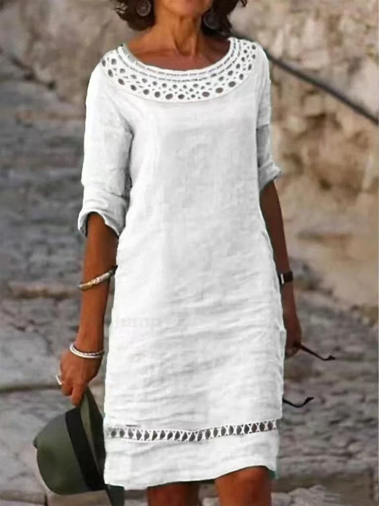 Damen lässiges Sommerkleid mit elegantem Häkelkragen und durchgehendem Schnitt Drune