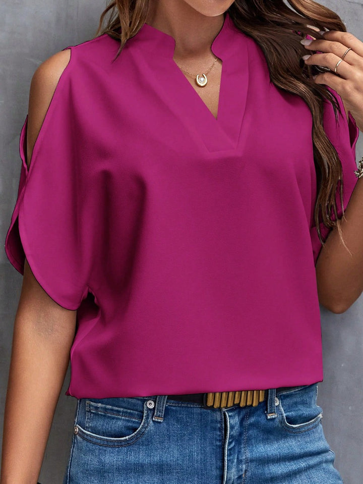 Damen Schulterfreie Chiffonbluse mit V-Ausschnitt und Stehkragen Drune