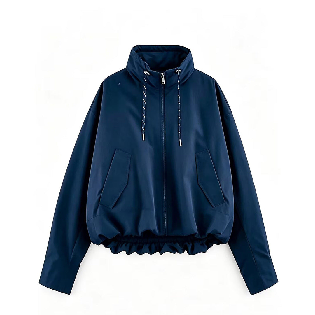 Damen Cropped Oversize Windbreaker mit hohem Funnelkragen, Kordelzug und gerafftem Elastikbund Drune