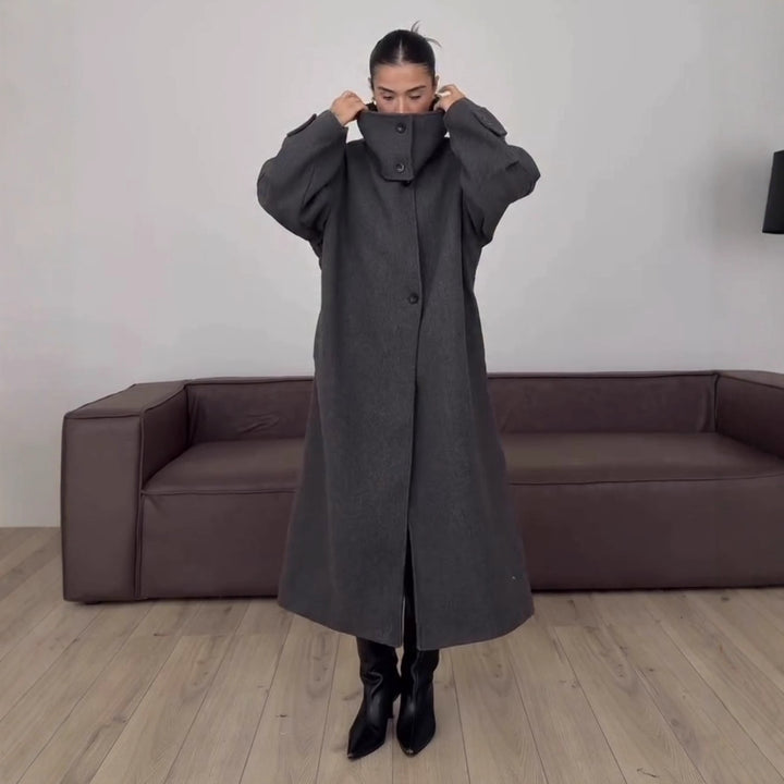 Damen 300+ langer minimalistischer Wollmix‑Mantel mit Stehkragen und verdeckter Knopfleiste Drune
