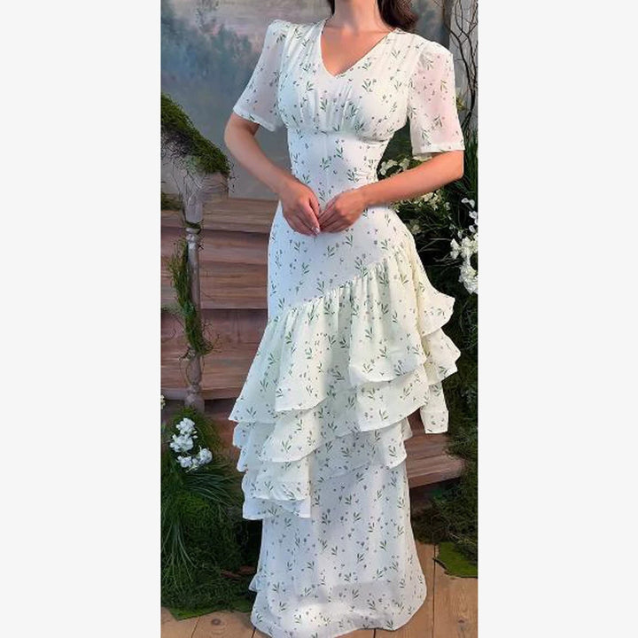 Damen Maxikleid im Vintage‑Romantik‑Stil mit asymmetrischen Volants und Puffärmeln Drune