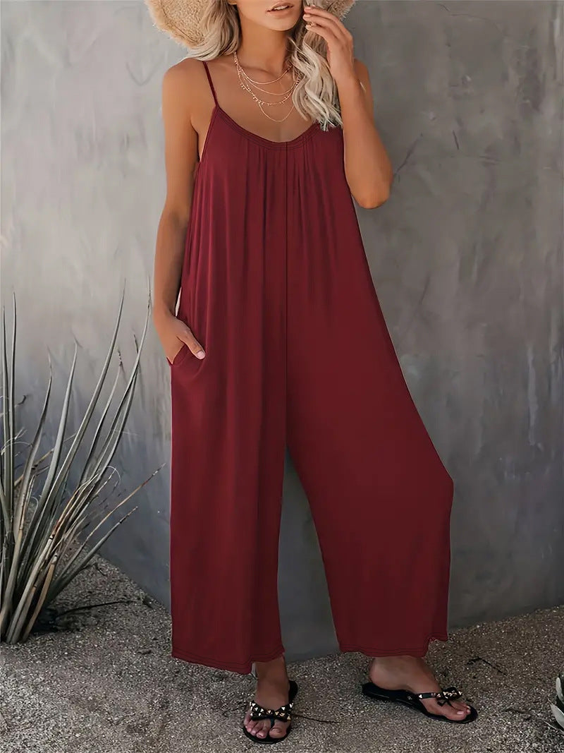 Damen legerer Jumpsuit aus fließendem Stoff mit verstellbaren Trägern und praktischen Taschen Drune