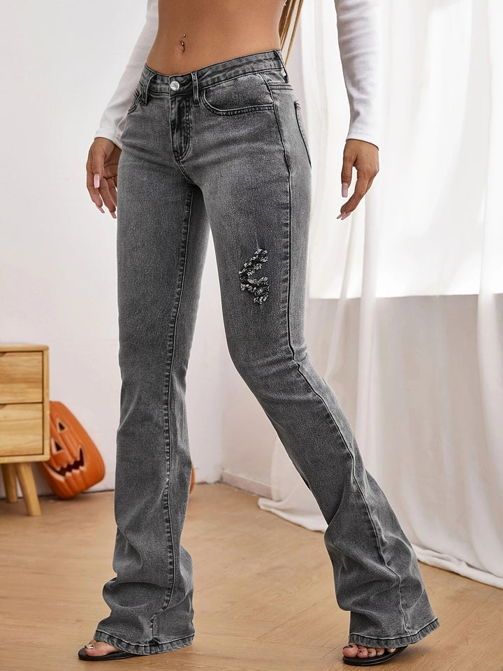 Damen Taillenhohe ausgestellte Jeans mit Perlenapplikation und formendem Bund Drune