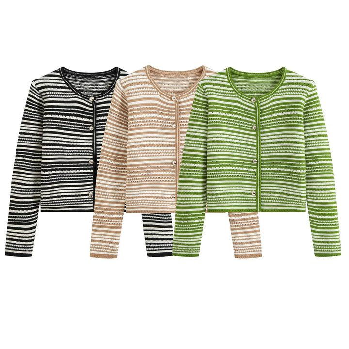 Damen gestreifte Kurzstrickjacke mit Rundhals und dekorativen Knöpfen Drune