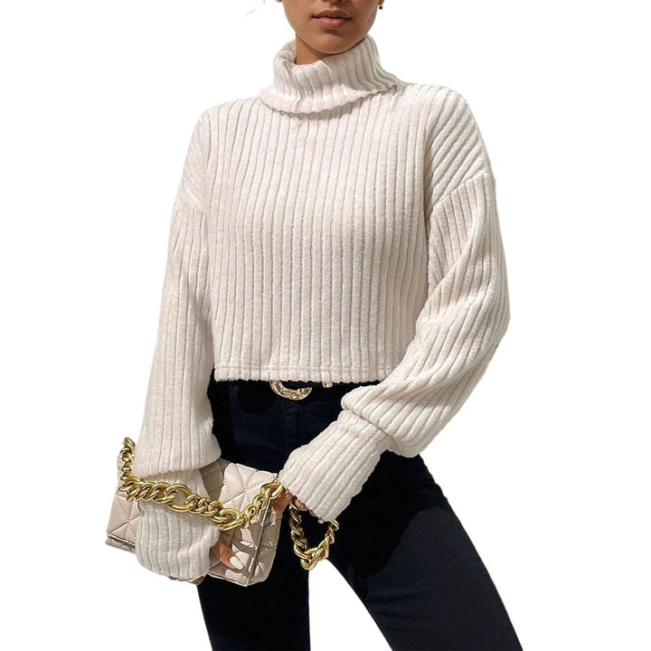 Damen geripptes Cropped‑Rollkragenpullover mit überschnittenen Schultern und voluminösen Ärmeln Drune