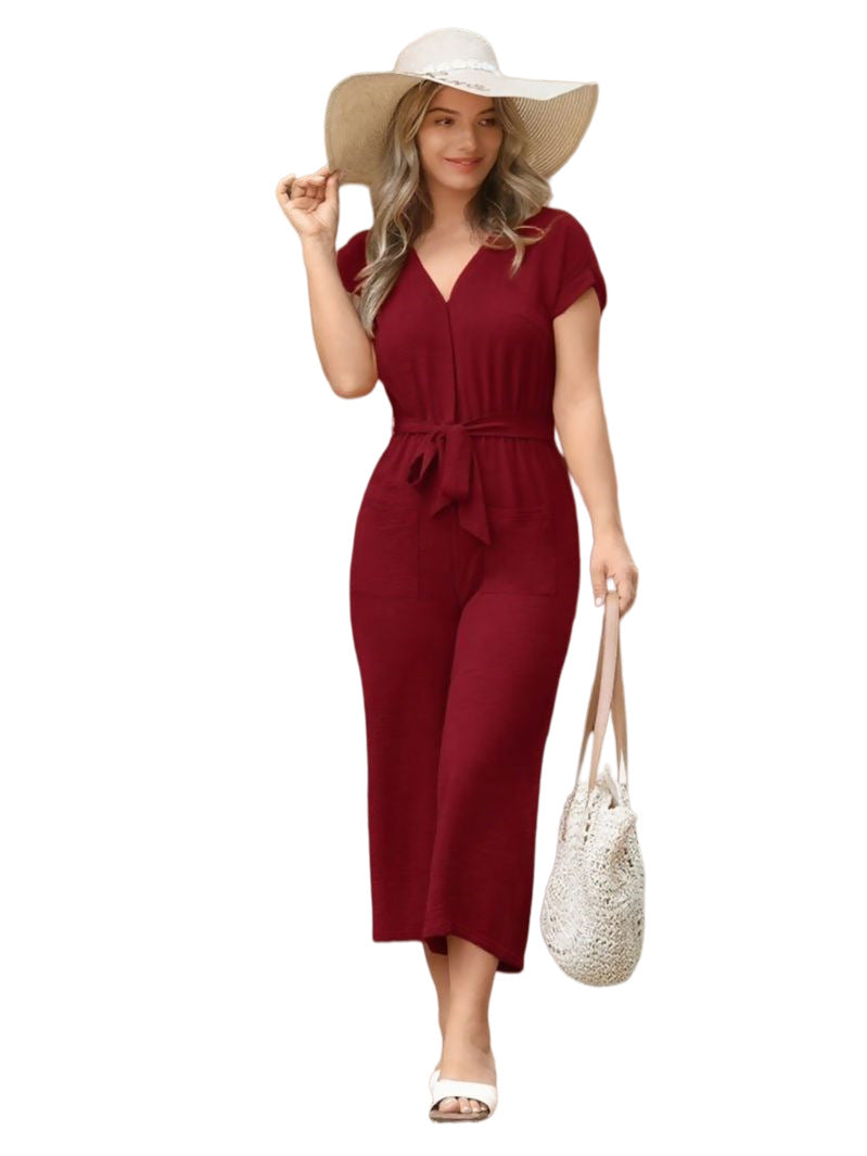 Damen Eleganter Jumpsuit mit weitem Bein und Taillenknoten Drune