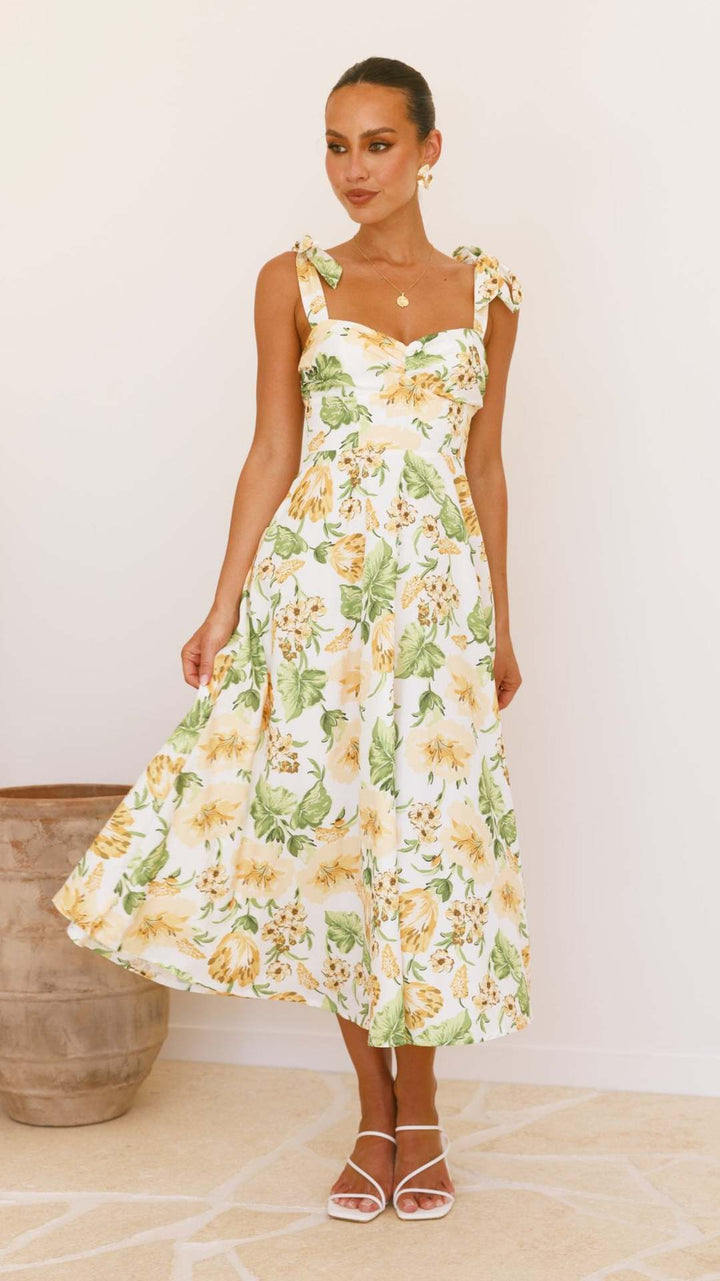 Damen florales Maxikleid mit schulterfreier Gestaltung und verspielten Rüschen Drune
