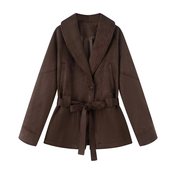 Damen nan kurzer Veloursoptik-Mantel mit Schalkragen, Bindegürtel und Eingrifftaschen Drune