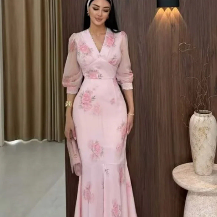 Damen Elegantes Maxikleid im Meerjungfrau‑Schnitt mit V‑Ausschnitt und transparenten Puffärmeln Drune