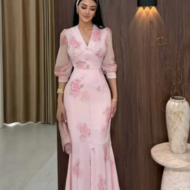 Damen Elegantes Maxikleid im Meerjungfrau‑Schnitt mit V‑Ausschnitt und transparenten Puffärmeln Drune