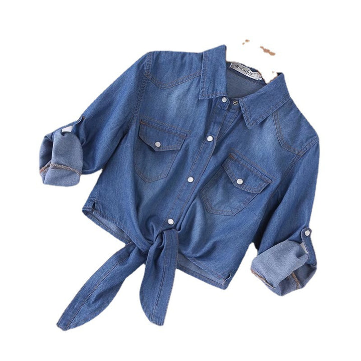 Damen Geknotete Denim Kurzbluse mit Brusttaschen und hochgekrempelten Ärmeln Drune