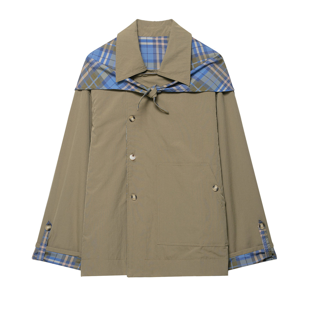 Damen 100+ kurzer Cape‑Trench mit karierter Innenverarbeitung und Knotenverschluss Drune