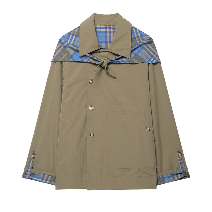 Damen 100+ kurzer Cape‑Trench mit karierter Innenverarbeitung und Knotenverschluss Drune