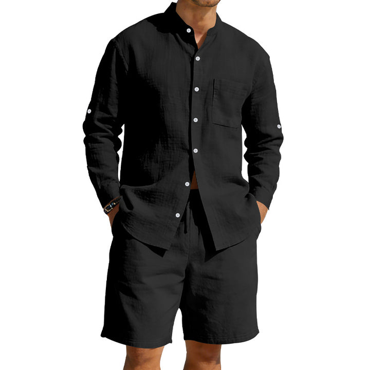 Herren nan sommerliches Leinen-Set mit Stehkragenhemd und Kordelzug-Kurzhose Drune