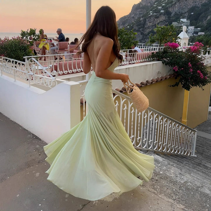 Damen elegantes Maxikleid mit tiefem V-Ausschnitt und transparentem Überwurf Drune