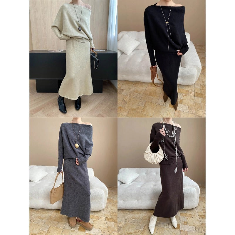 Damen elegantes Strick-Maxikleid mit asymmetrischem Schnitt und lässigem Oberteil Drune