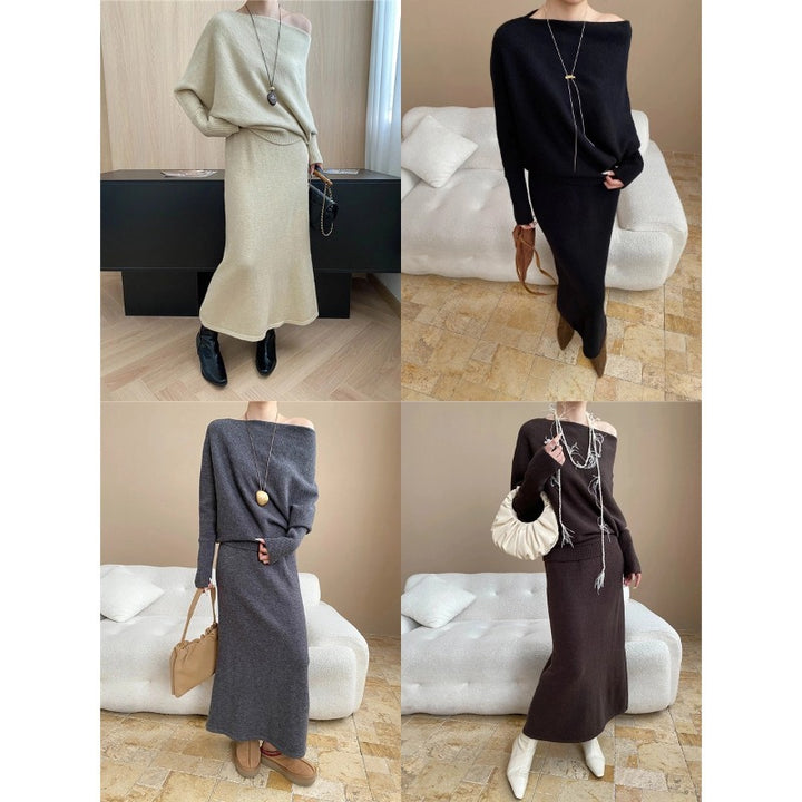 Damen elegantes Strick-Maxikleid mit asymmetrischem Schnitt und lässigem Oberteil Drune