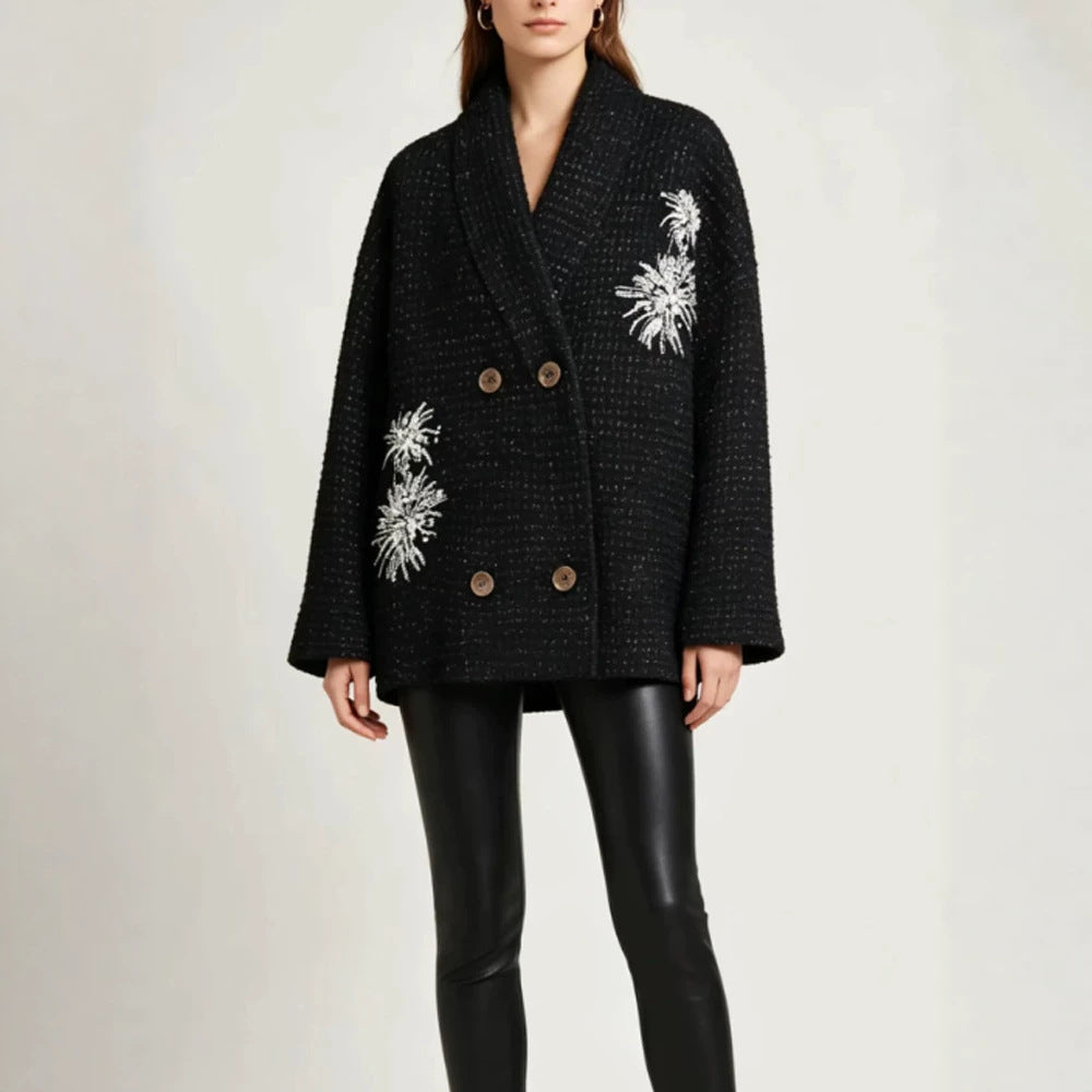 Damen Oversize-Bouclé-Manteljacke mit Schalkragen und floraler Stickerei Drune