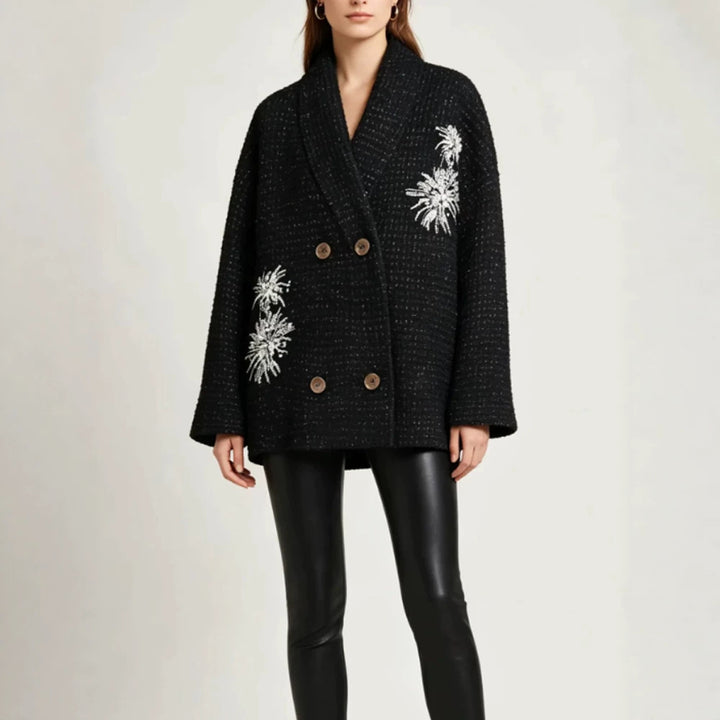 Damen Oversize-Bouclé-Manteljacke mit Schalkragen und floraler Stickerei Drune