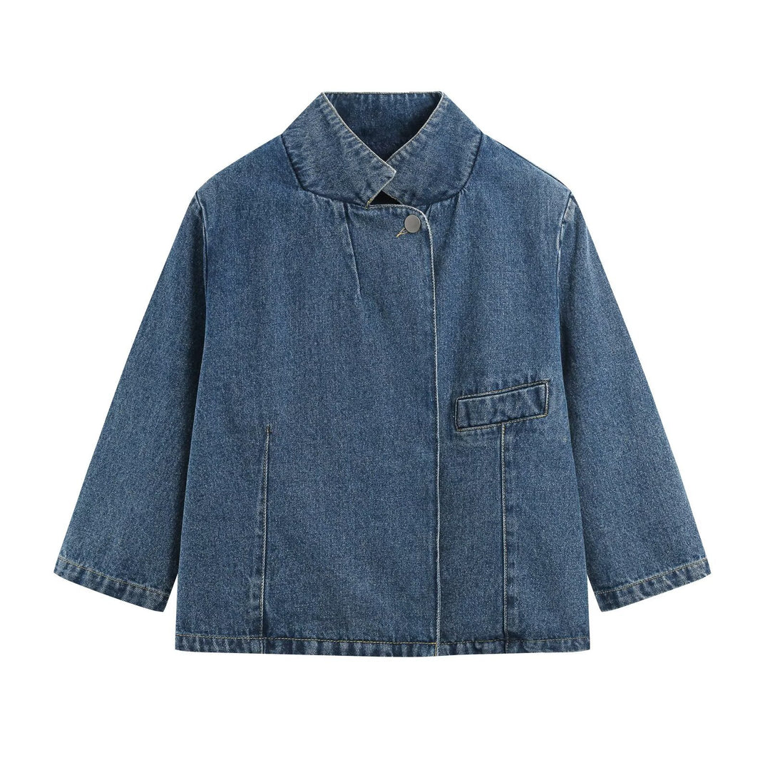Damen Denim-Set aus boxiger Jacke mit Stehkragen und hochgeschnittener Schlaghose Drune