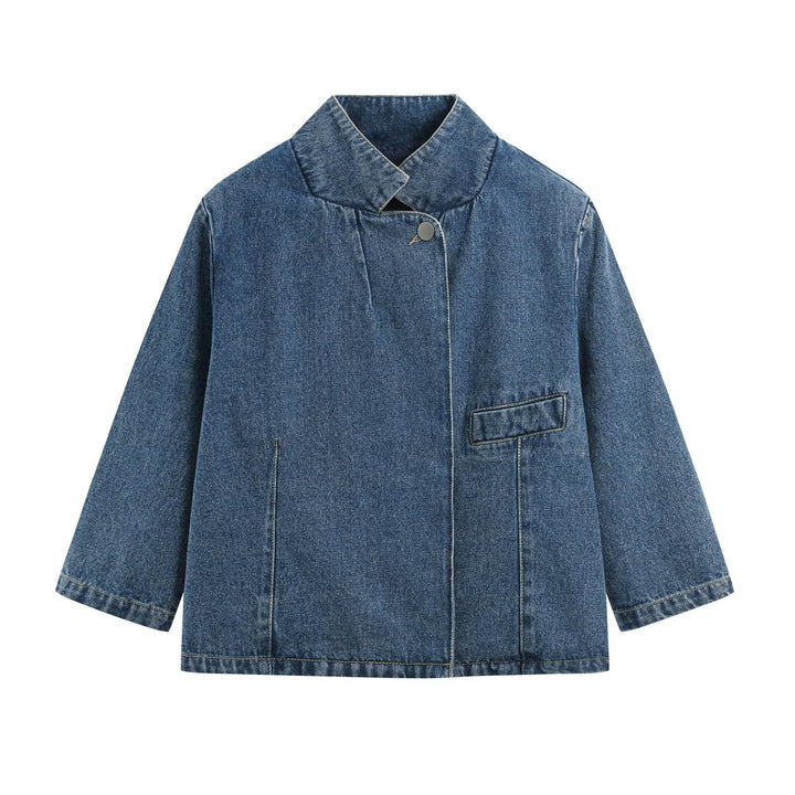 Damen Denim-Set aus boxiger Jacke mit Stehkragen und hochgeschnittener Schlaghose Drune