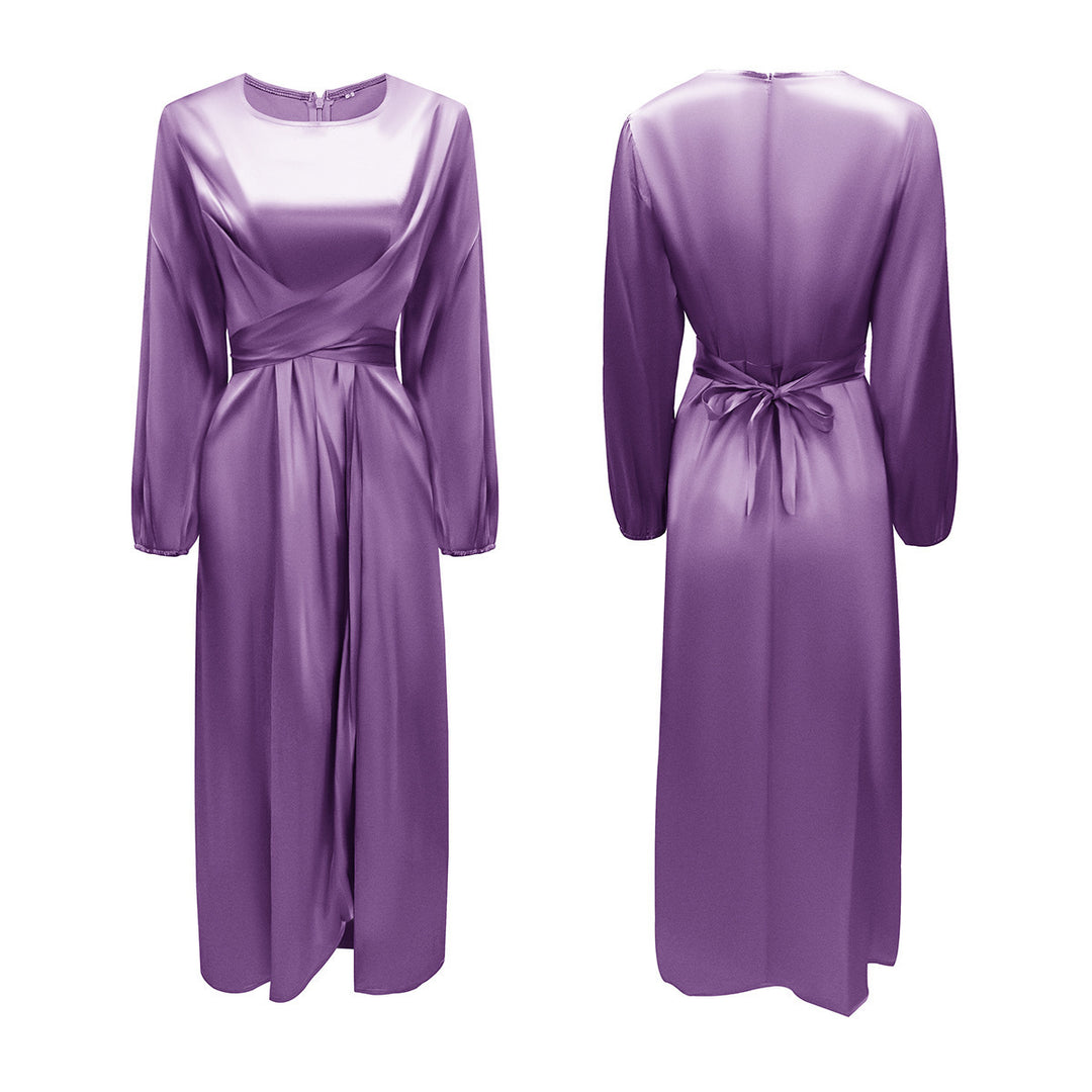 Damen Elegantes Maxikleid aus Satin mit Wickel-Detail, Langarm und Taillenband Drune
