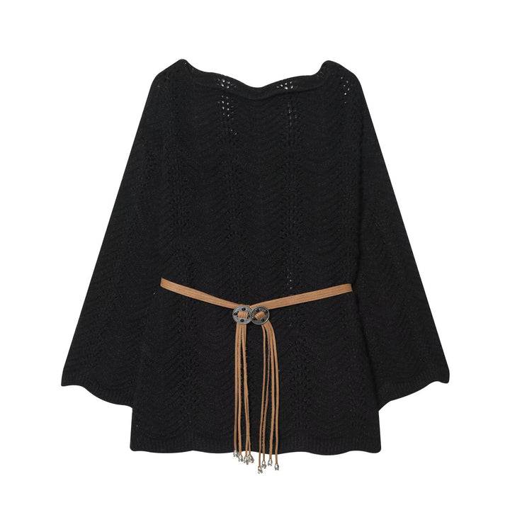 Damen Gestricktes Poncho-Cape mit Ajourmuster und Lederquasten-Gürtel Drune