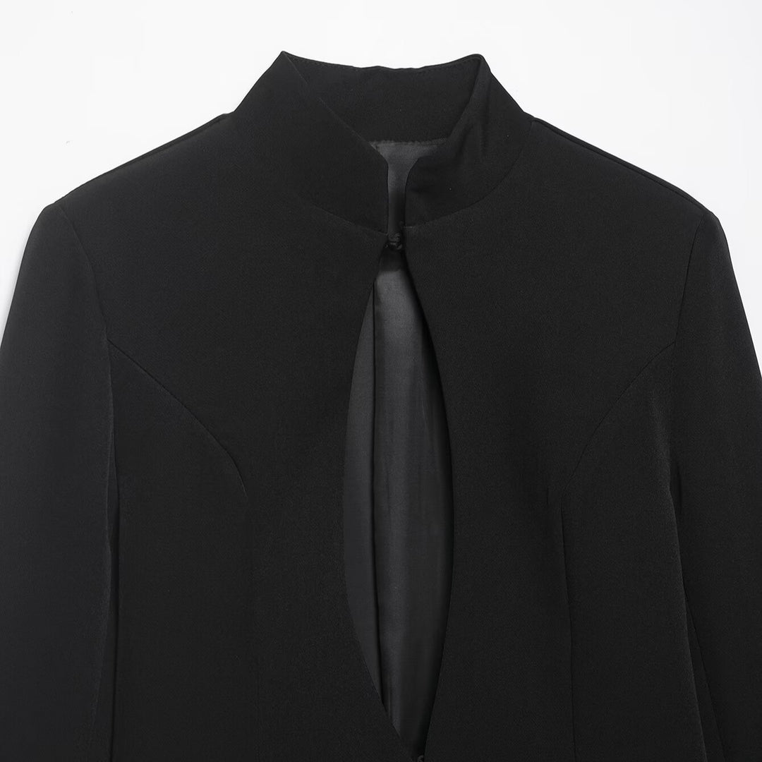 Damen Kastenförmiger Cape-Blazer mit Stehkragen und verdeckter Front Drune