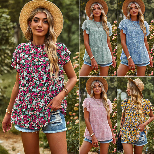 Damen beschwingtes Blusenshirt mit Rüschendetails und floralem Design Drune