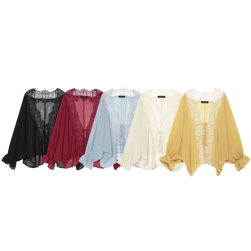 Damen Kaftan-Bluse mit Spitzenkante, Bindeband und Ballonärmeln Drune