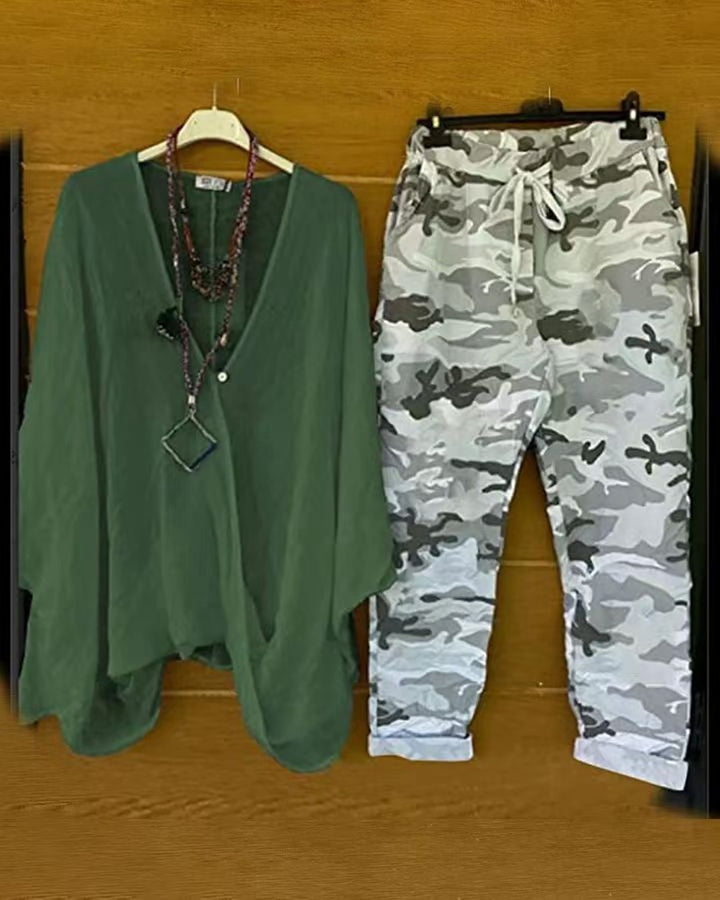 Damen nan Zweiteiler aus fließendem Kimono-Top und Camouflage-Jogginghose Drune