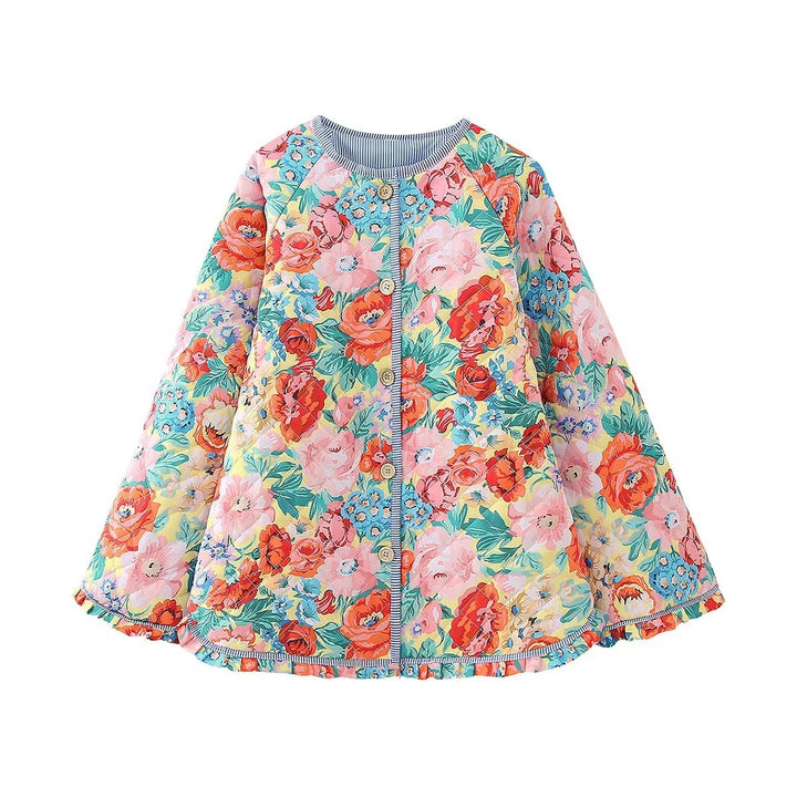 Damen nan gesteppte Swingjacke mit Blumenquilt Rundhals und Rüschensaum Drune