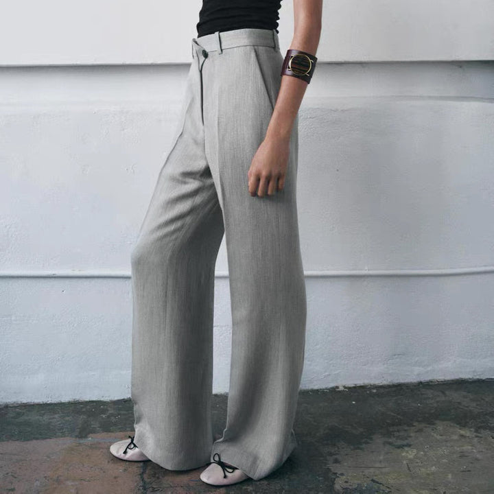 Damen Hochtaillierte weite Stoffhose mit geradem Bein und Seitentaschen Drune