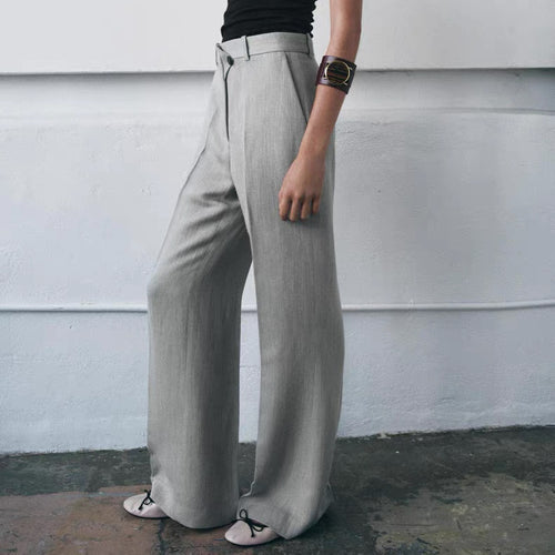 Damen Hochtaillierte weite Stoffhose mit geradem Bein und Seitentaschen Drune