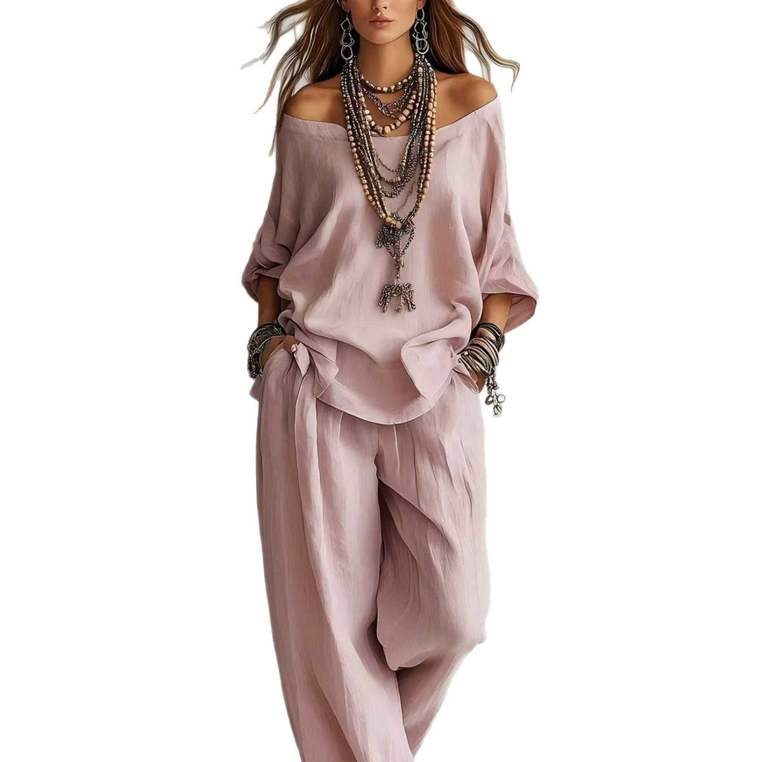 Damen Lässiges Leichtes Lounge-Set mit Carmenausschnitt und Palazzo-Hose Drune