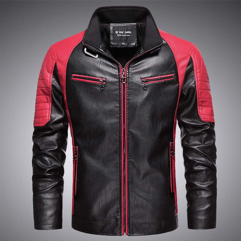 Herren Biker-Lederimitatjacke im Racing-Stil mit Stehkragen und Reißverschlusstaschen Drune