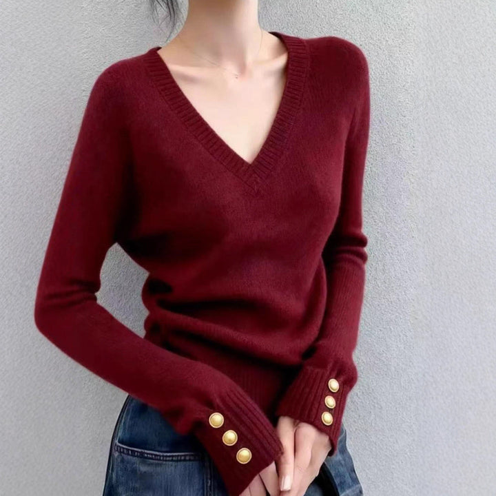 Damen feiner V-Ausschnitt Pullover mit eleganten Knopfdetails Drune