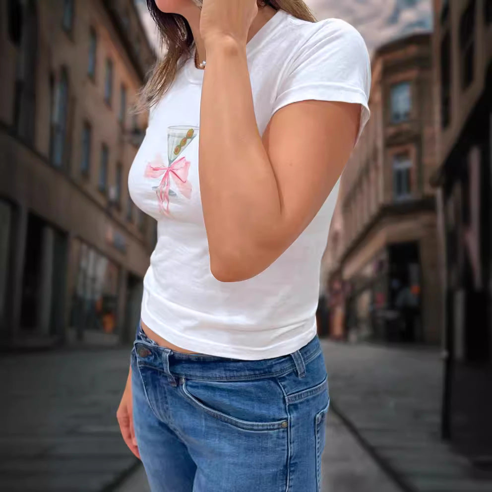 Damen Cropped T-Shirt mit trendy Cocktail-Design Drune