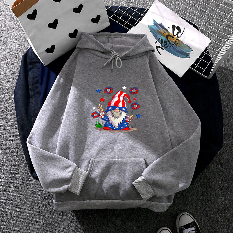 Damen nan Kapuzenpullover mit patriotischem Gartenzwerg-Print, angerautem Fleece-Innenfutter, Oversize-Schnitt und Kängurutasche Drune