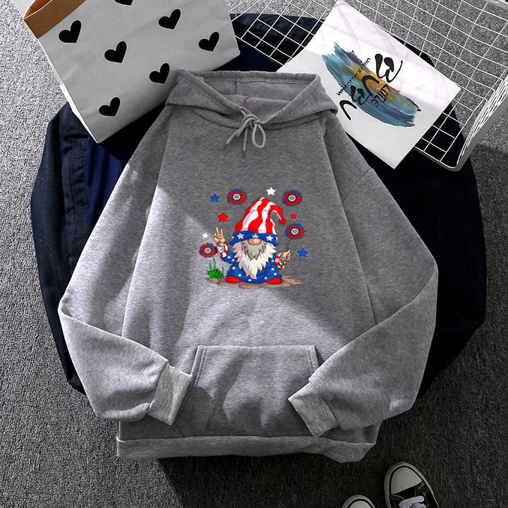 Damen nan Kapuzenpullover mit patriotischem Gartenzwerg-Print, angerautem Fleece-Innenfutter, Oversize-Schnitt und Kängurutasche Drune