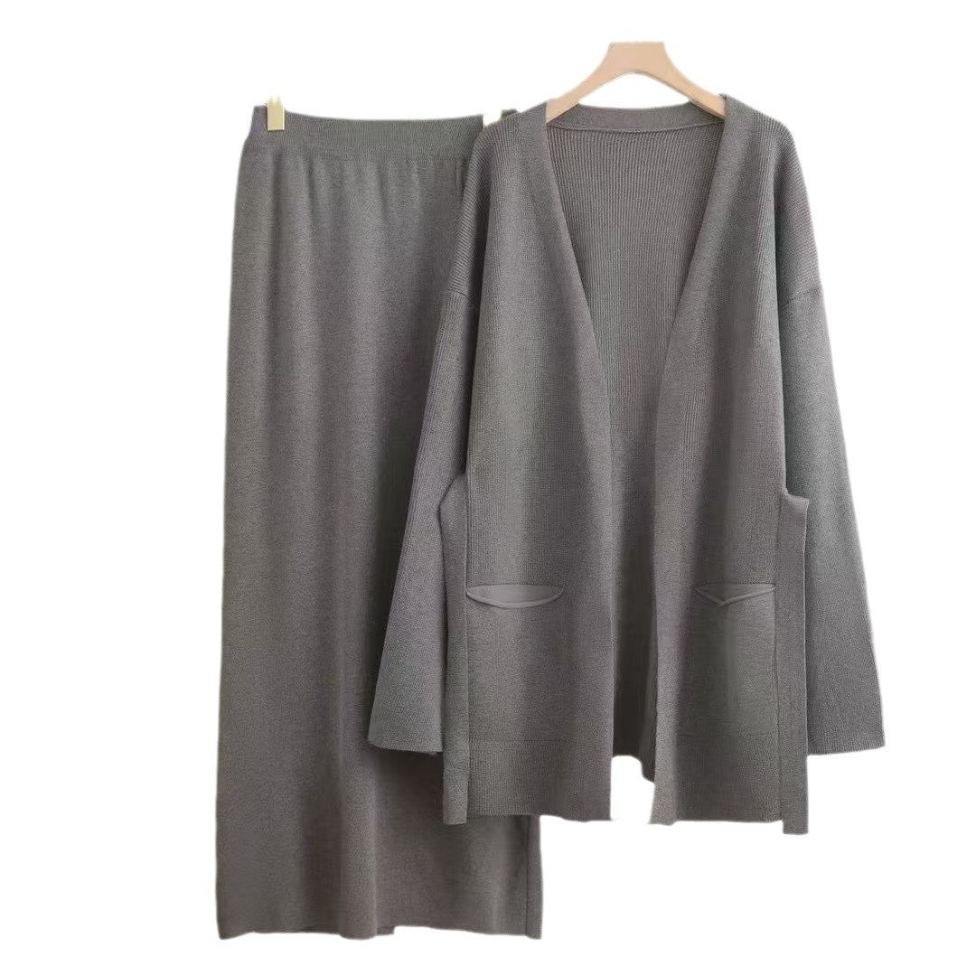 Damen lässiges Strickensemble mit tiefem V-Ausschnitt und praktischen Taschen Drune